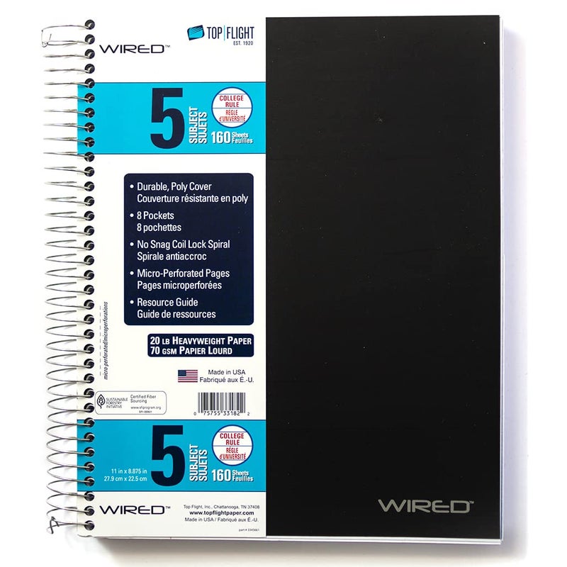 Top Flight Wired 5-Subject Wirebound Notebook with 8 Pockets, 160 Sheets, College Rule, 11 x 8.875 Inches, 1 Notebook, Cover May Vary (33182) - Image 2
